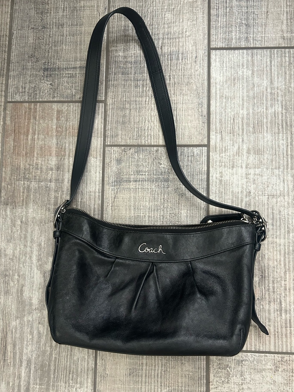 Coach Black Leather Shoulder Bag, Silver Hardware, Purple Interior L1020-F15512